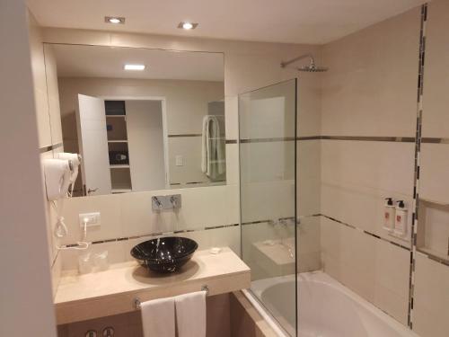 uma casa de banho com um chuveiro, um lavatório e uma banheira em Hotel Alvarado Suites em Salta