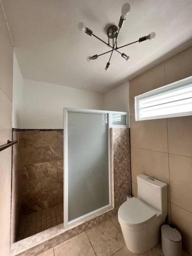 a bathroom with a shower and a toilet and a ceiling fan at Playa y Campo Apartment #2 in Isabela