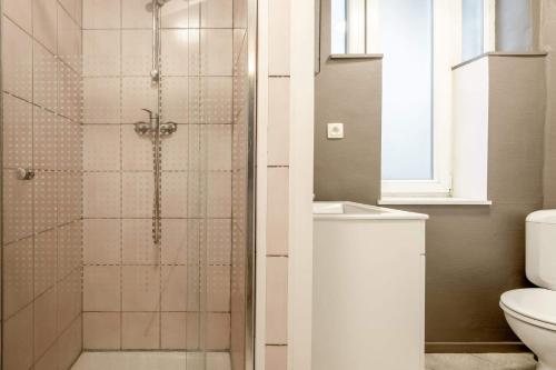 La salle de bains est pourvue d'une douche, de toilettes et d'un lavabo. dans l'établissement Appartement 2 chambres, à Liège