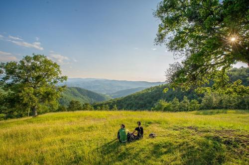 two people sitting on a grassy hill in a field at Via Roma 33 Tuscany Boutique Hotel & Spa - Adults Only in Stia