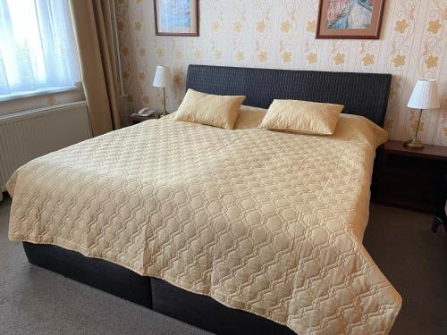 a bedroom with a large white bed with two pillows at Hotel Lipa in Bojnice