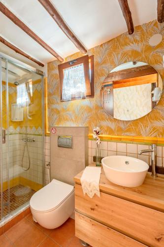 a bathroom with a toilet and a sink and a shower at Las Casas de la Rueda - La Casita in Santa Lucía