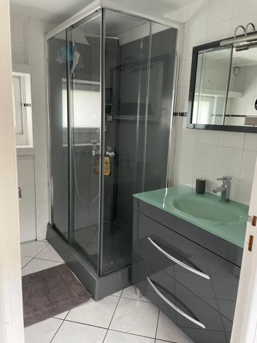 La salle de bains est pourvue d'une douche et d'un lavabo vert. dans l'établissement Proximité de Douai, à Flers-en-Escrebieux