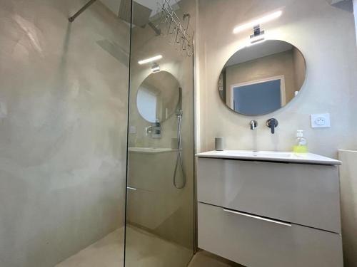 een badkamer met een douche, een wastafel en een spiegel bij La Teranga de Kadi & Cathy, avec jardin privatif in Nancy