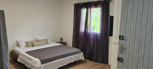 a bedroom with a bed with purple curtains and a window at Paradies Caraibes IV in Les Abymes