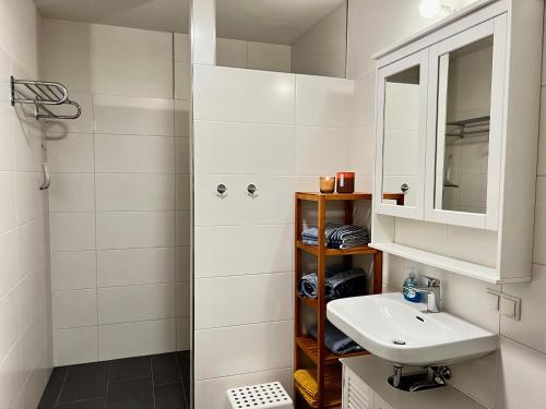 a bathroom with a sink and a mirror at Ferienwohnung im Sonnendorf Öblarn in Öblarn