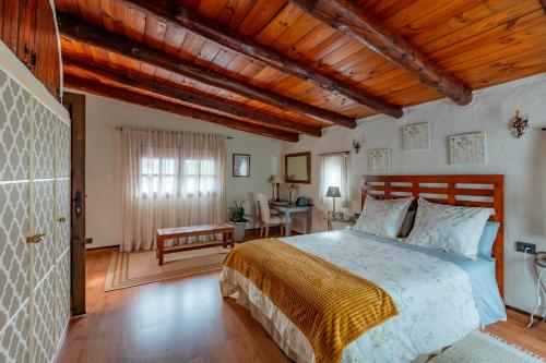 1 dormitorio con cama y techo de madera en Las Casas de la Rueda - El Patio en Santa Lucía