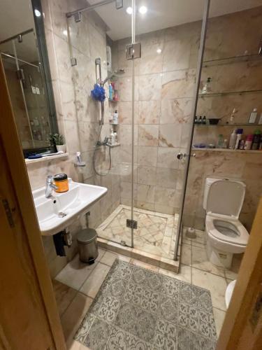 uma casa de banho com um chuveiro, um lavatório e um WC. em Appartement haut standing très chic em Casablanca