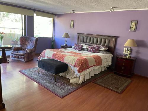 a purple bedroom with a bed and a chair at Hotel Boutique Azhares in Copiapó