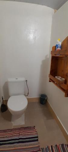 a bathroom with a white toilet and a rug at Penu Maurua 2 in Te-Fare-Arii