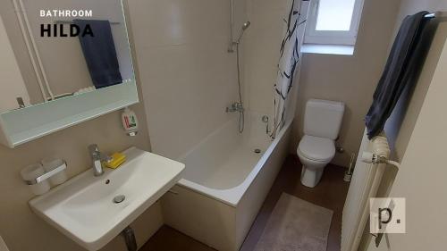 bagno con lavandino, doccia e servizi igienici di Hilda: Tranquillo appartamento in centro a Zurigo