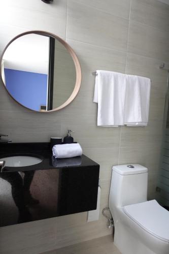 a bathroom with a sink and a mirror and a toilet at Maison Lapinou in Momoxpan