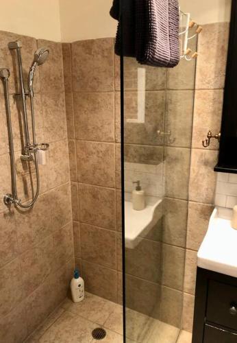 a bathroom with a shower and a sink at The Bungalow - Luxurious & Calm - Beach and Bush Retreat in Valla Beach