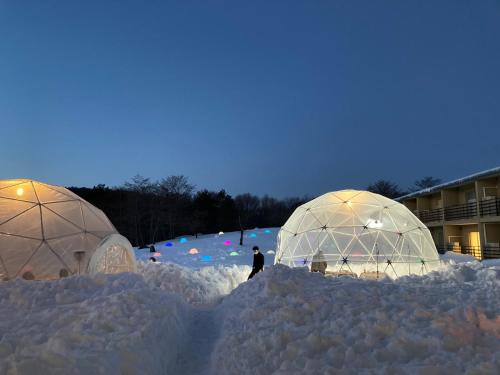 two domes in the snow with a person standing in it at Mineyama Kogen Hotel Relaxia in Kamikawa
