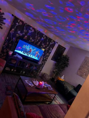 a living room with a tv with a fish ceiling at Charming 2 Bed Mid-City Living only 7 Min to Downtown in Tucson