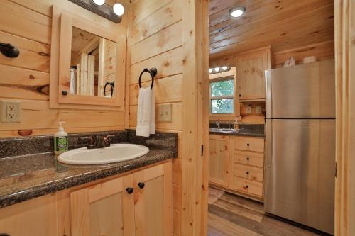 a kitchen with a sink and a refrigerator at Bryce Cabin Lookout Mtn Tiny Home W Swim Spa in Chattanooga