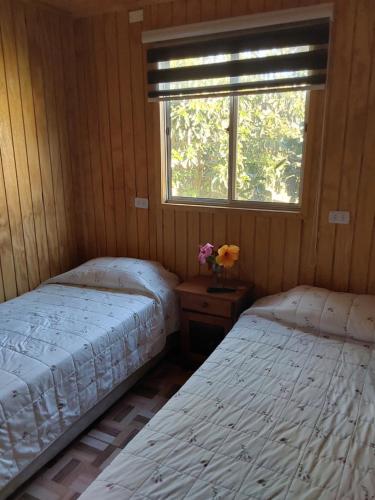 2 camas individuales en una habitación con ventana en Suit Victoria (2 camas singles), en Hanga Roa