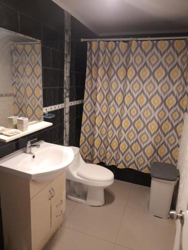 a bathroom with a toilet and a sink and a shower curtain at Parcela Zurich, casa 1 in Angol
