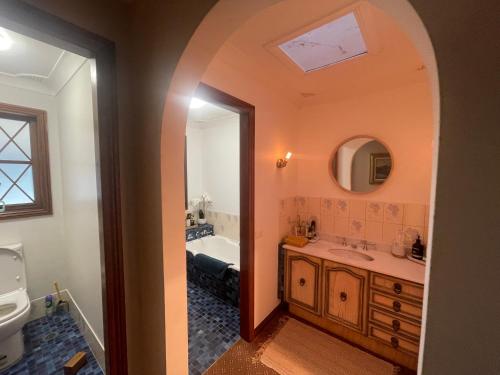 a bathroom with a tub and a sink and a mirror at Mountain Culture Farm Stay - pet friendly in Kanimbla