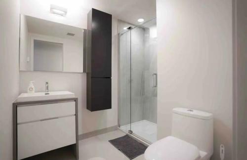 蒙特婁的住宿－Stunning studio with view，带淋浴、卫生间和盥洗盆的浴室