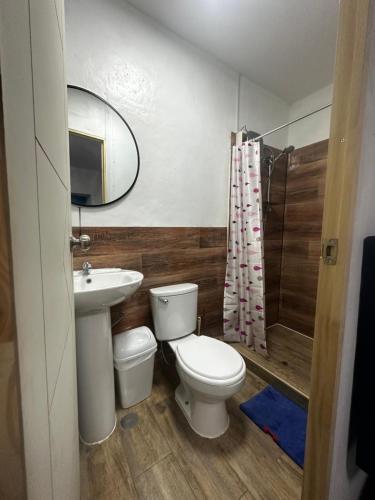 La salle de bains est pourvue de toilettes, d'un lavabo et d'une douche. dans l'établissement AITANA'S HOUSE - SAN BLAs, à Cusco
