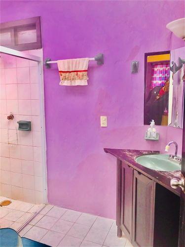 a purple bathroom with a sink and a shower at Comfortable and central cabin in San Cristóbal de Las Casas