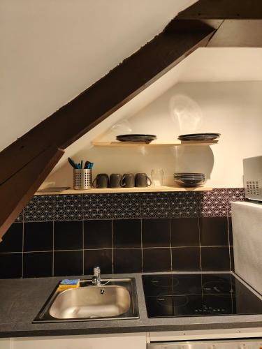 - une cuisine avec un évier et une étagère avec de la vaisselle dans l'établissement Les Lofts De Provins: Apt 8, à Provins