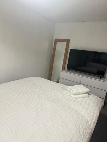 Schlafzimmer mit einem Bett und einem Flachbild-TV in der Unterkunft Master room in Bristol
