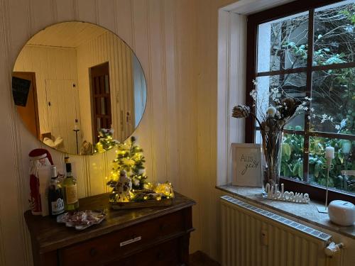 Cette chambre comprend une commode avec un miroir et une fenêtre. dans l'établissement Ferienwohnung Puschel, à Salzhemmendorf