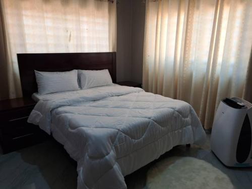 a bedroom with a large bed and a window at Edmut Apartments in Lusaka