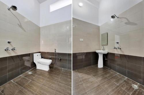 Duas fotografias de uma casa de banho com WC e lavatório. em Bala Shankar Resort Kujarwal Group em Haldwani-cum-Kathgodam