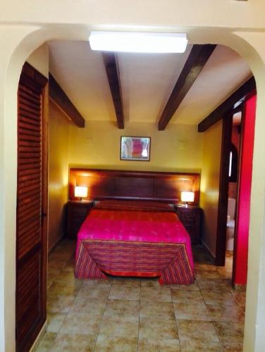 a room with a large bed with a pink bedspread at Complejo Turistico El Sur in Ronda
