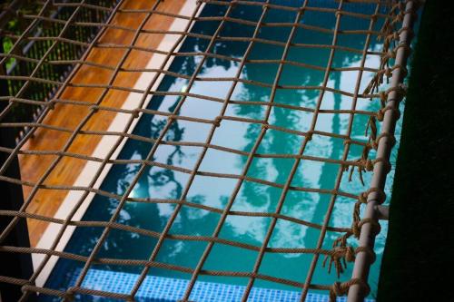 una vista del agua desde el interior de una jaula en Cozy 3 BHK PoolVilla near Nagerhole National park., en Wayanad
