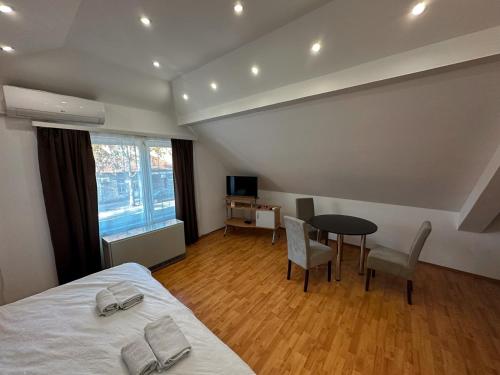 um quarto com uma cama, uma mesa e cadeiras em Mikasa em Niš