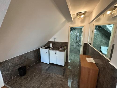 uma casa de banho com um lavatório e um chuveiro em Mikasa em Niš