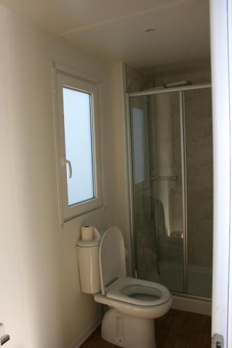 uma casa de banho com um WC e uma cabina de duche em vidro. em Storchencamp Gästehaus Rust em Rust