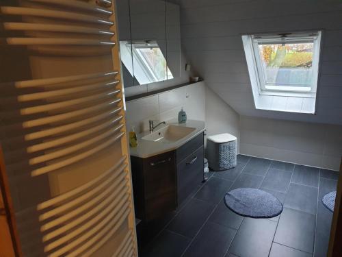 Baño pequeño con lavabo y espejo en NEU! FeWo Maya mit Sauna, en Hagen im Bremischen