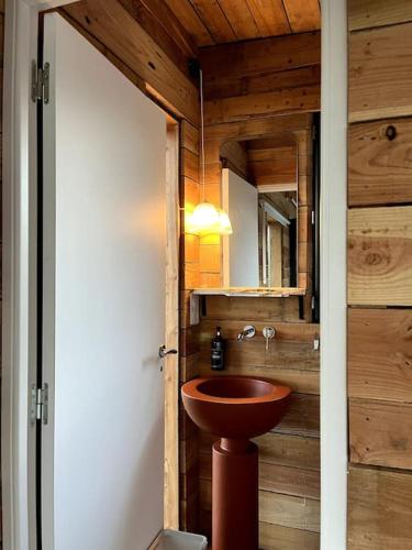 une salle de bain avec un lavabo et un miroir dans l'établissement Les cabanes de Julie, à Lissac et Mouret