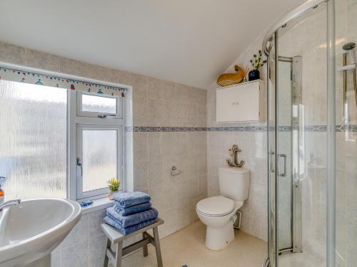 ein Bad mit einem Waschbecken, einem WC und einer Dusche in der Unterkunft 3 Bed in Barnstaple 77506 in Bishops Tawton