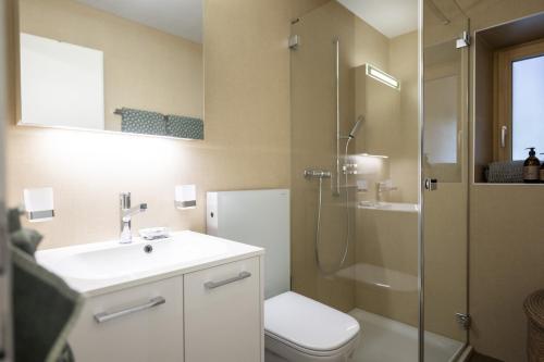 森特的住宿－Chasa Uina，浴室配有卫生间、盥洗盆和淋浴。