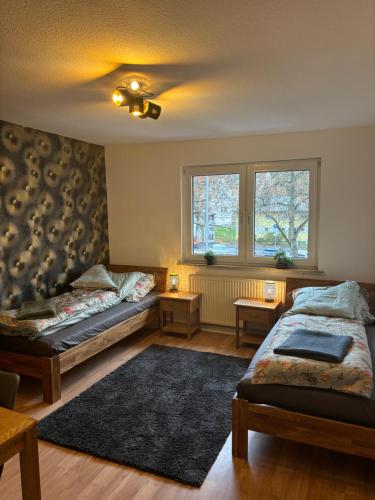 um quarto com 2 camas e 2 janelas em Anna´s Apartments em Wiesbaden