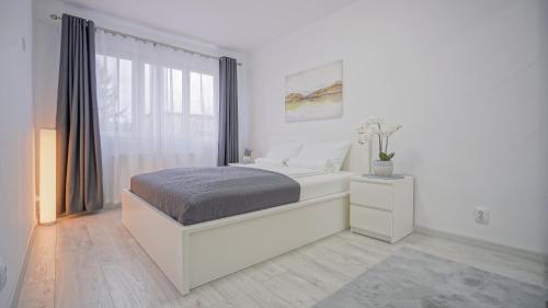 a white bedroom with a bed and a window at Mountain Hideaway Apartment in Braşov
