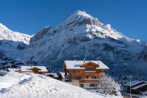 a ski lodge with a mountain in the background at Chalet Alia and Apartments-Grindelwald by Swiss Hotel Apartments in Grindelwald