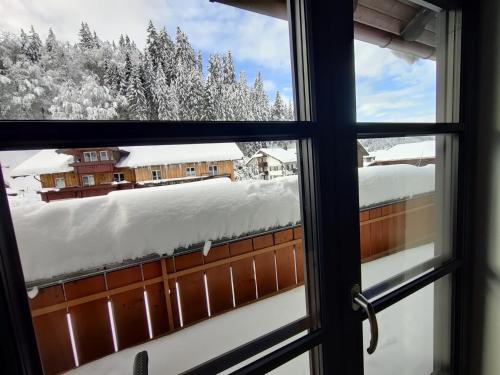 a window with a view of snow covered trees at Schittlerhof in Fischen