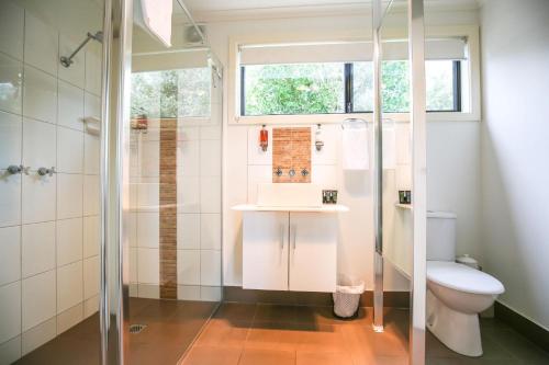 a bathroom with a shower and a sink and a toilet at Allambie Cottages - Villa 1 in Bright
