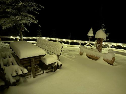 a yard covered in snow with a table and benches at Almhaus Zirbenheim Nicolina in Flattnitz