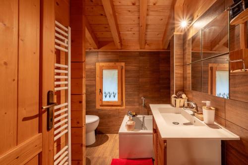 La salle de bains est pourvue d'un lavabo et de toilettes. dans l'établissement Chalet aux Cerfs - Maison pour 10 vue montagne, à Arâches-la-Frasse