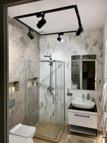 a bathroom with a shower and a toilet and a sink at Luxury Apartments in Odesa