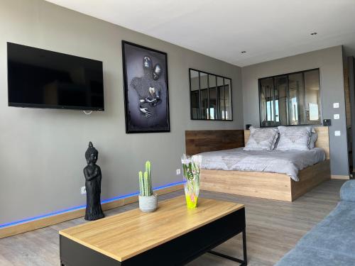 une chambre avec un lit et une télévision au mur dans l'établissement Appartement Village Naturiste Sensuel, au Cap d'Agde