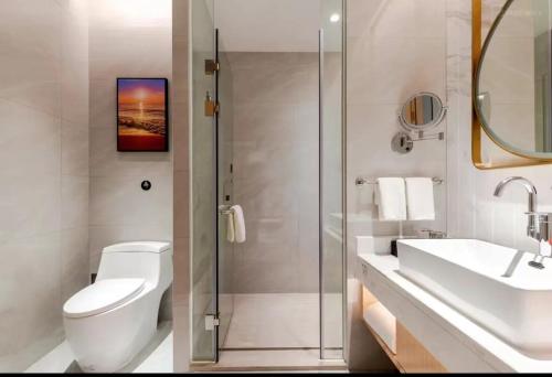 La salle de bains est pourvue de toilettes, d'un lavabo et d'une douche. dans l'établissement Vienna International Hotel Shenzhen Baolong subway Station branch, à Longgang